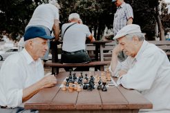 two senior men with white hair playing chess
